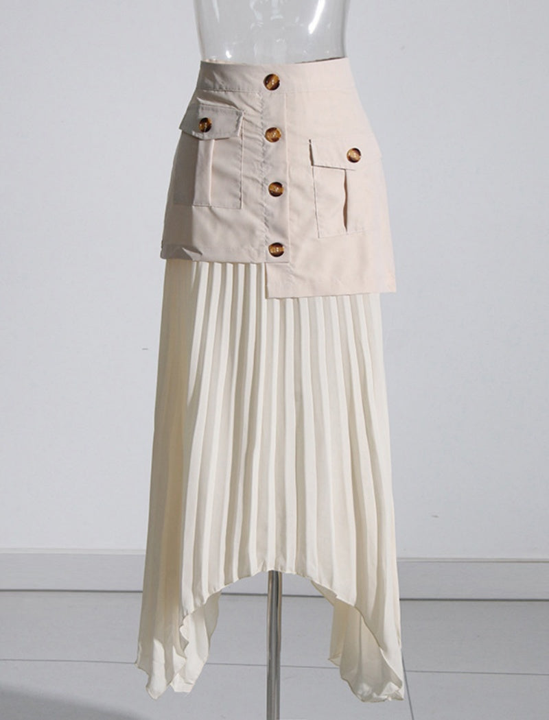 Asymmetrical Pleated Skirt with Button Details