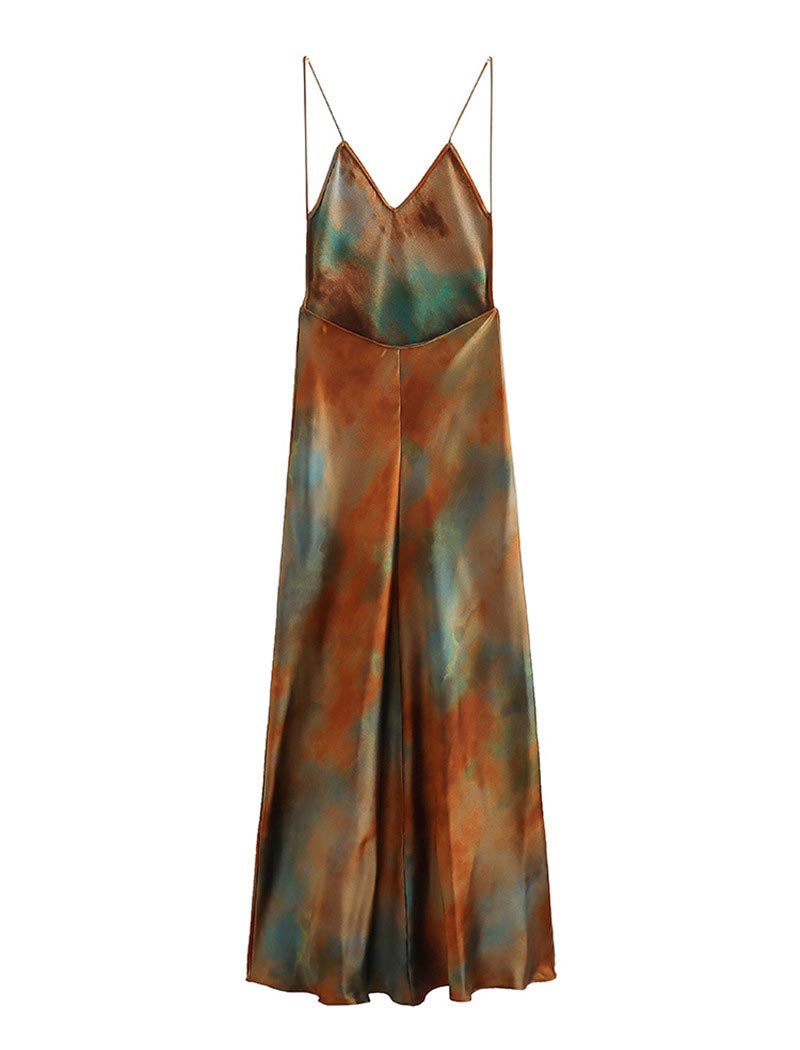 Spaghetti Strap Tie Dye Satin Maxi Dress