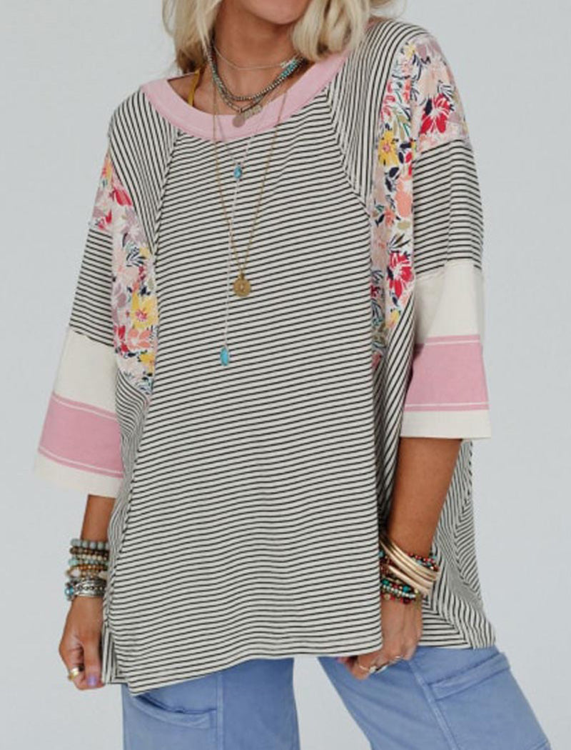 Striped Floral Panel Raglan Top