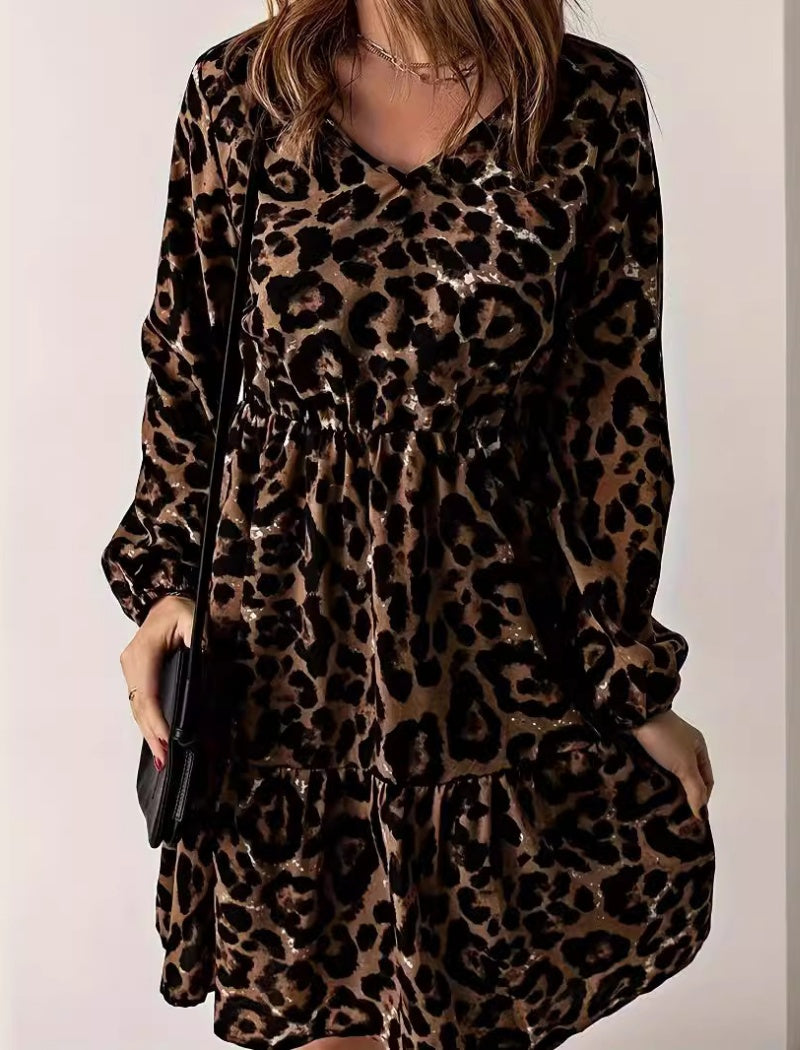 Leopard Print Long Sleeve Tiered Dress