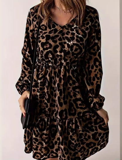 Leopard Print Long Sleeve Tiered Dress