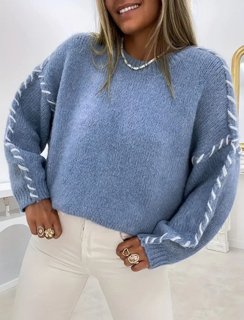 Oversized Knit Sweater with Contrast Stitching