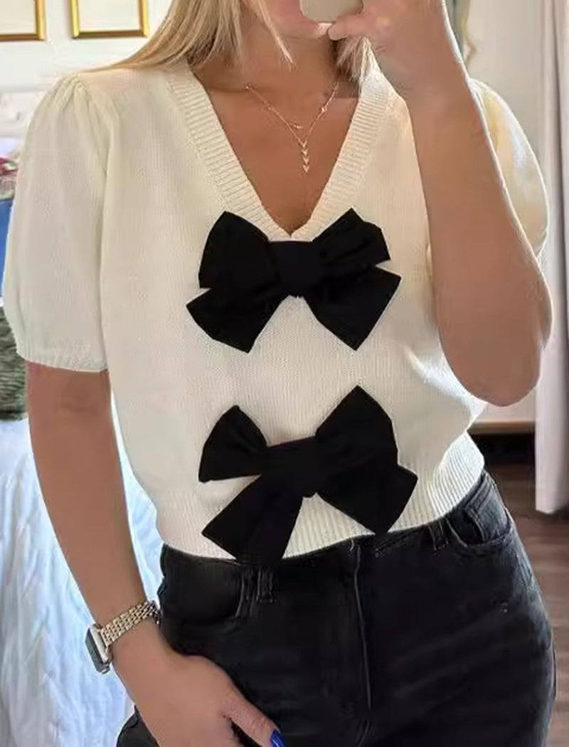 Short Sleeve Bow-Front Knit Top