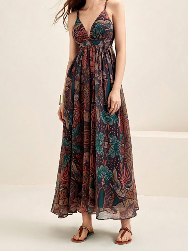 Tropical Print Plunging Maxi Cami Dress