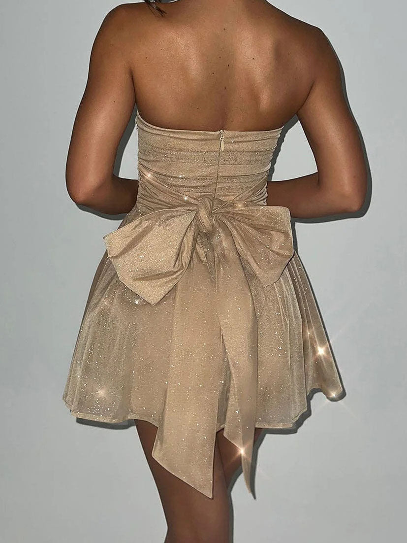 Strapless Ruched Shimmer Mini Dress