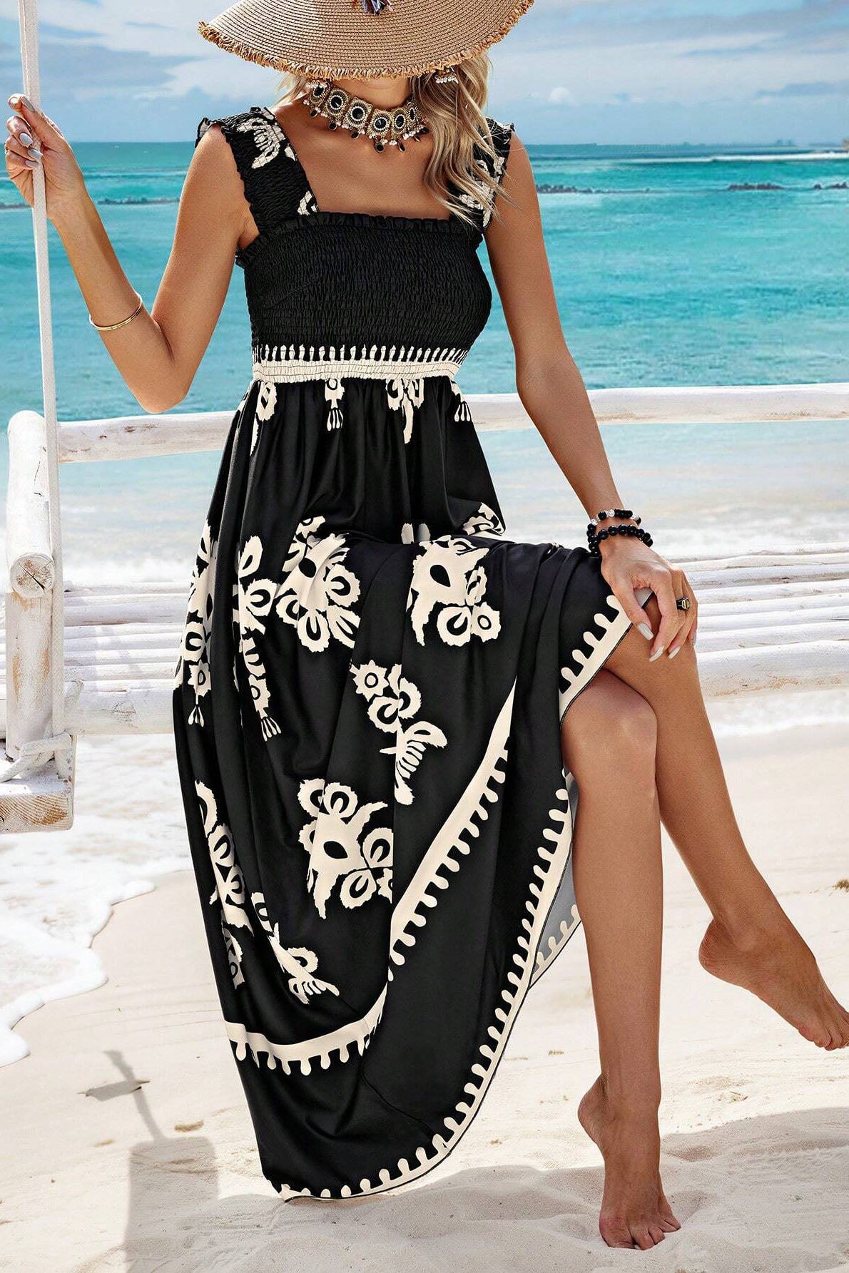 Boho Print Smocked Maxi Dress