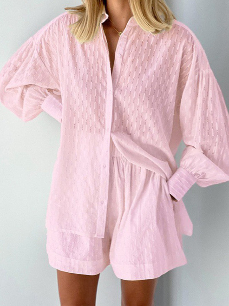 Solid Button-Up Shirt and Shorts Set