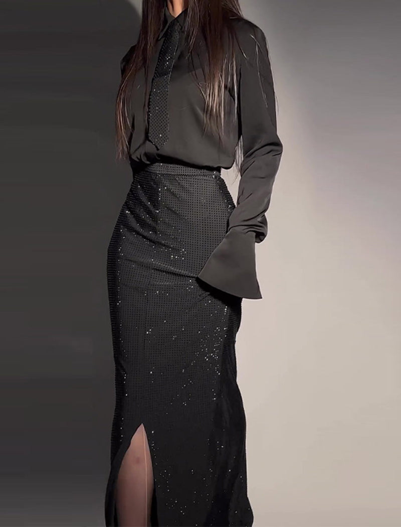 Bell Sleeve Top and High-Slit Sequined Maxi Skirt Set