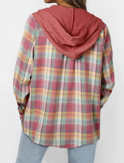 Plaid Button-Up Shirt with Drawstring Hood