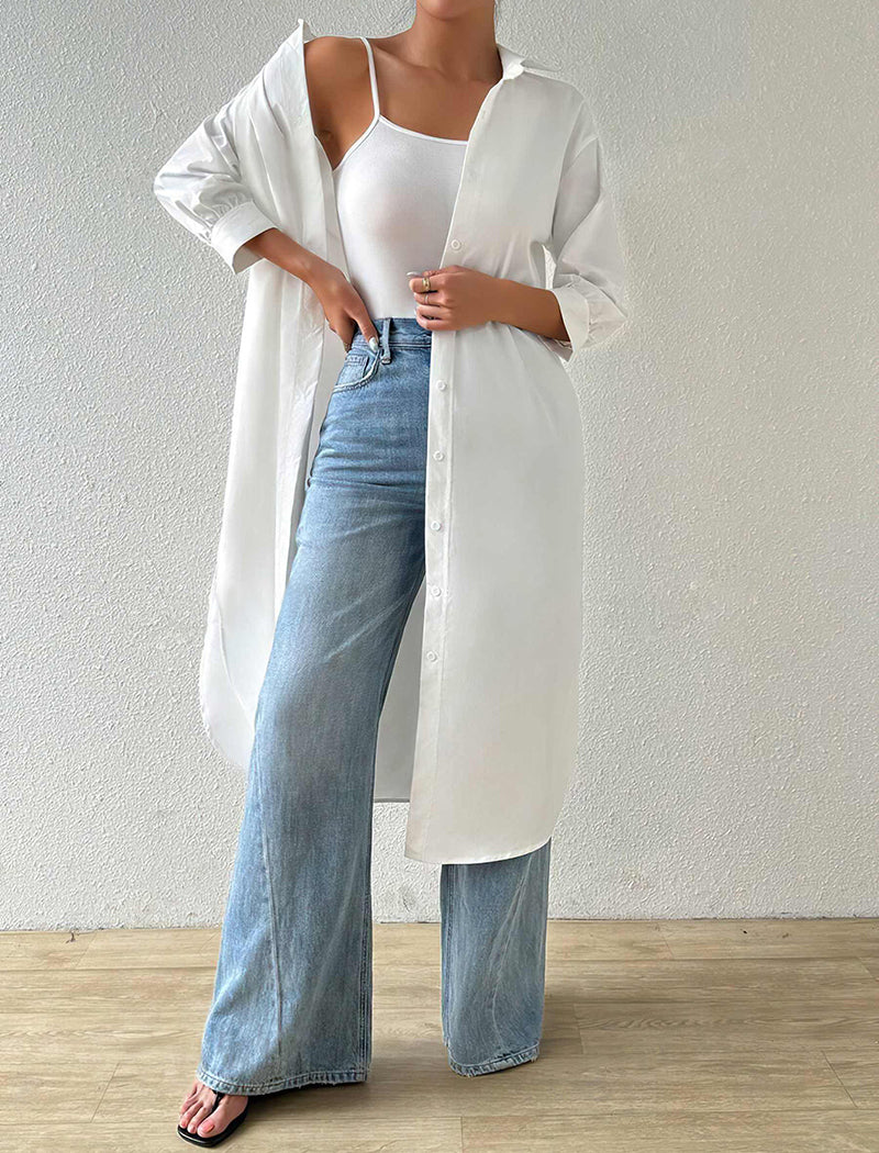 Solid Mid-Sleeve Long Cardigan Shirt