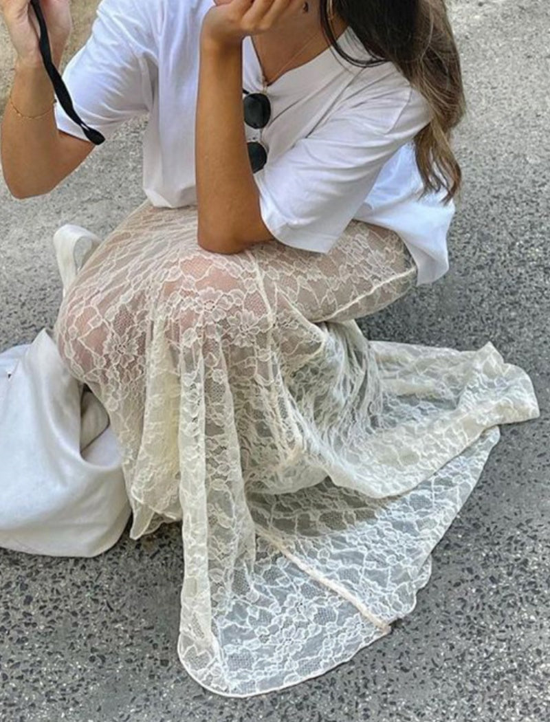 Sheer Lace Flare Maxi Skirt