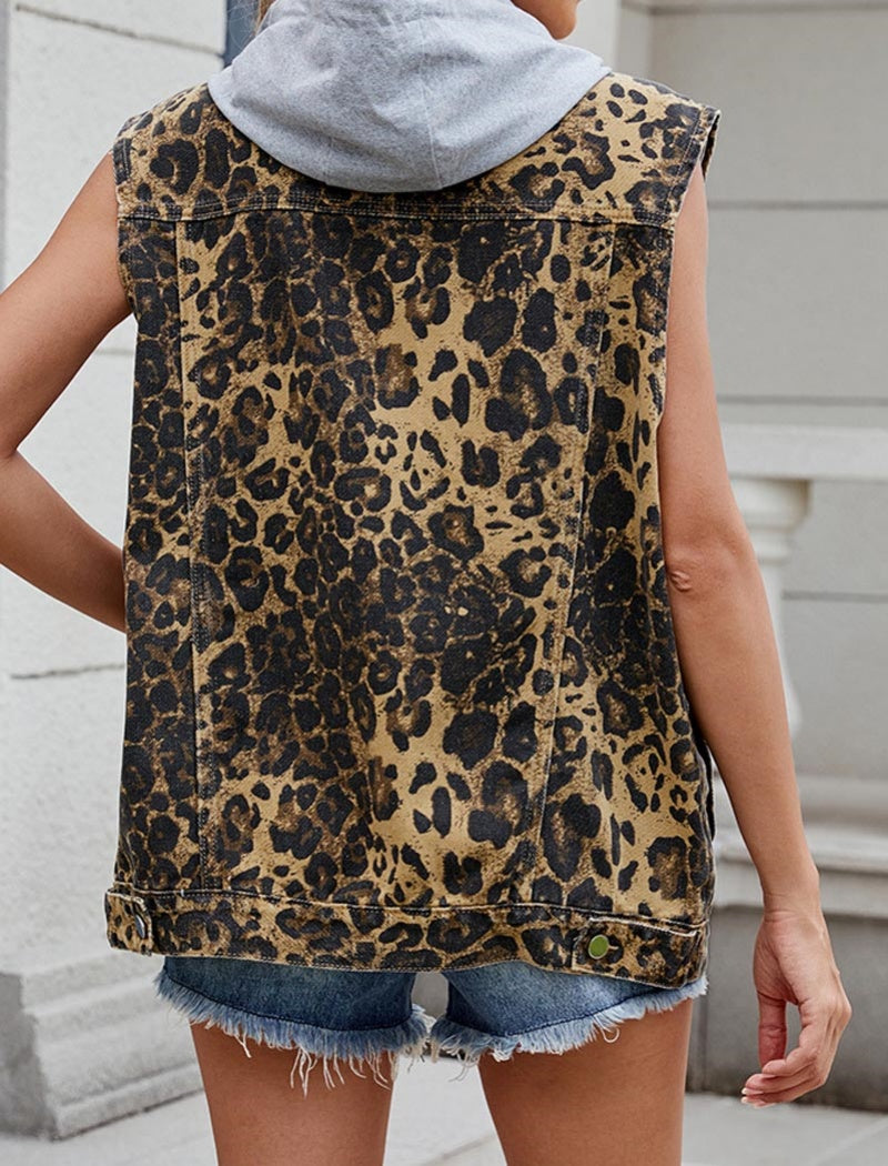 Leopard Print Sleeveless Denim Vest