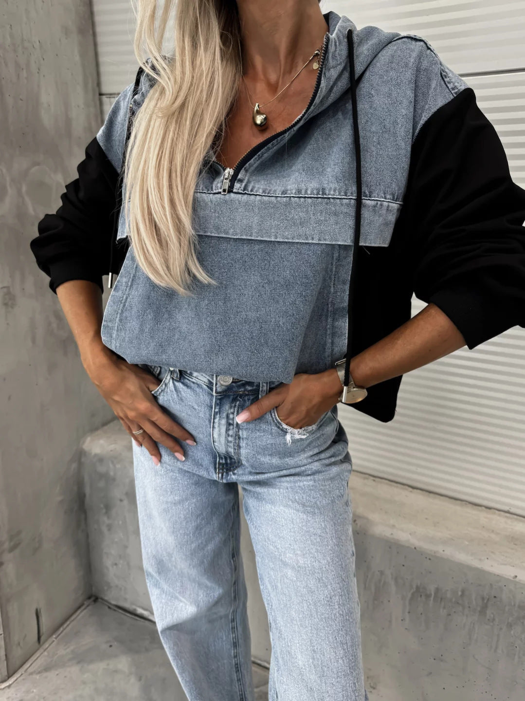 Patchwork Hooded Denim Pullover