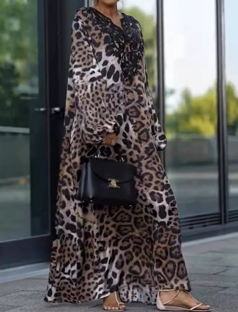 Leopard Print Maxi Dress with Lace Detailing