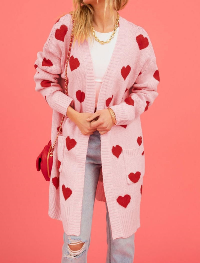 Heart Pattern Cardigan with Pockets