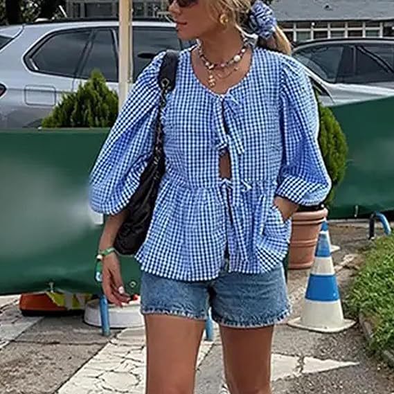 Casual Tie-Front Puff Sleeve Shirt