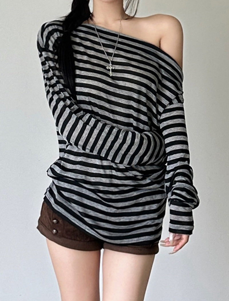 One-Shoulder Striped Long Sleeve Top