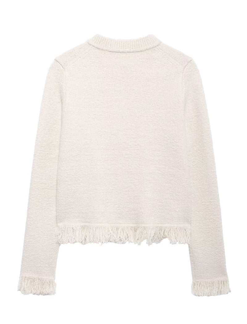 Bow-Detail Fringe Trim Tweed Cardigan