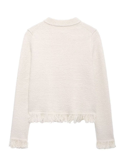 Bow-Detail Fringe Trim Tweed Cardigan