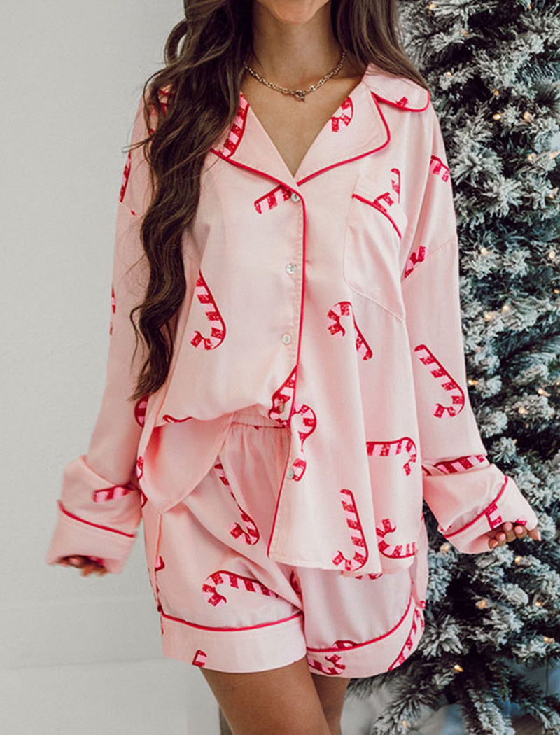 Candy Cane Button-Up Top and Shorts Pajama Set