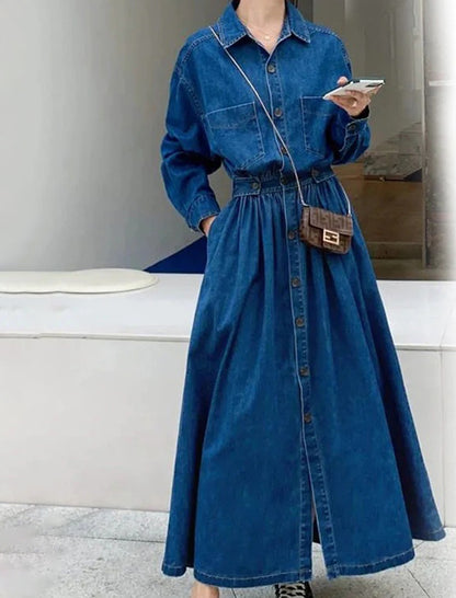 Long Button-Up Denim Dress