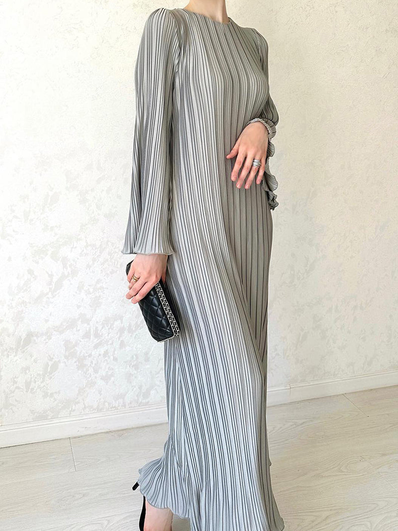 Pleated Long-Sleeve Maxi Dress