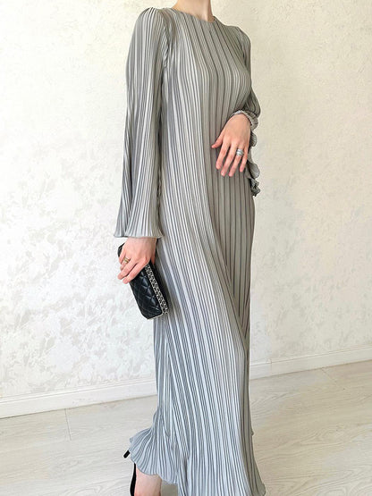 Pleated Long-Sleeve Maxi Dress