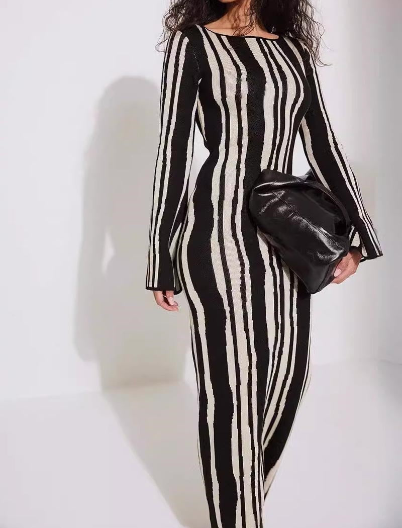 Striped Long Sleeve Knit Maxi Dress