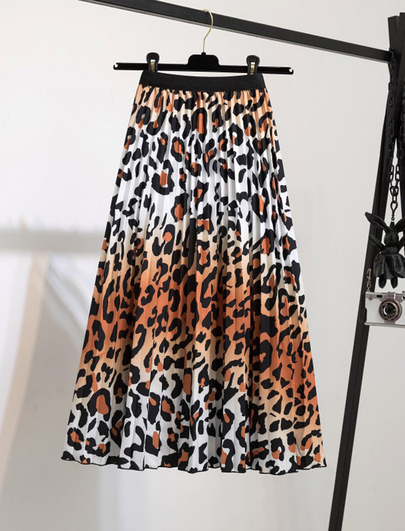 Animal Print Pleated Midi Skirt