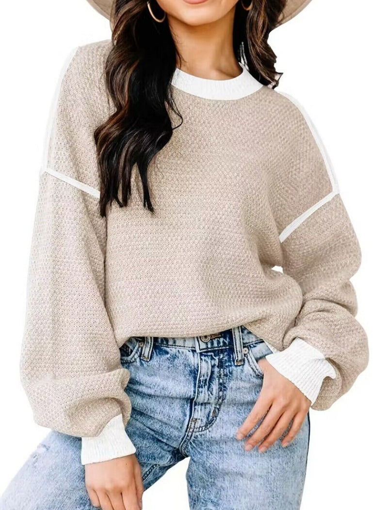 Oversized Waffle Knit Sweater with Contrast Stitching