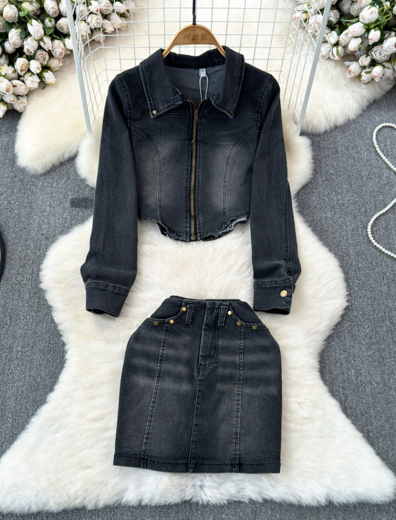 Collared Denim Jacket and Skirt Set