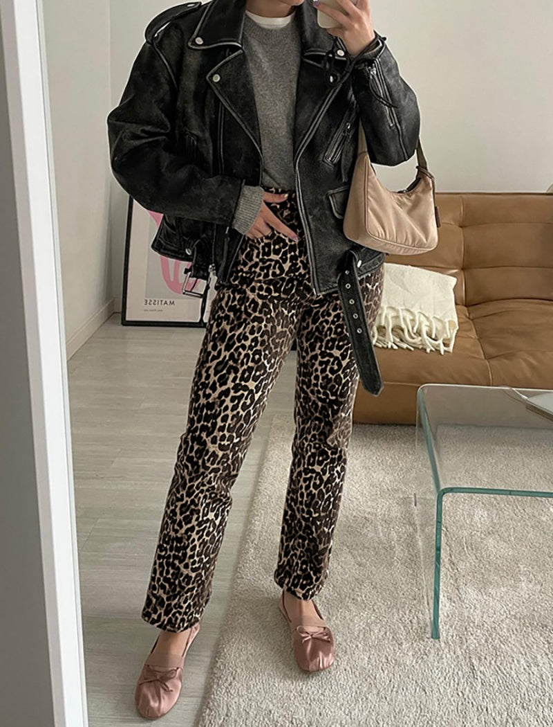 Leopard Print Straight-Leg Pants