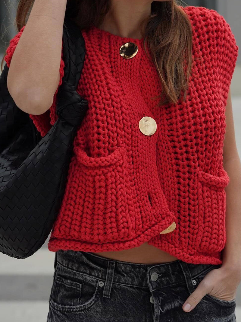 Solid Button-Front Pocket Vest