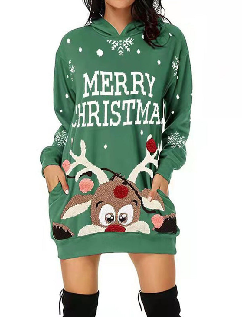 Reindeer Graphic Christmas Hoodie Dress