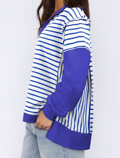 Striped Oversized Pullover with V-Neck