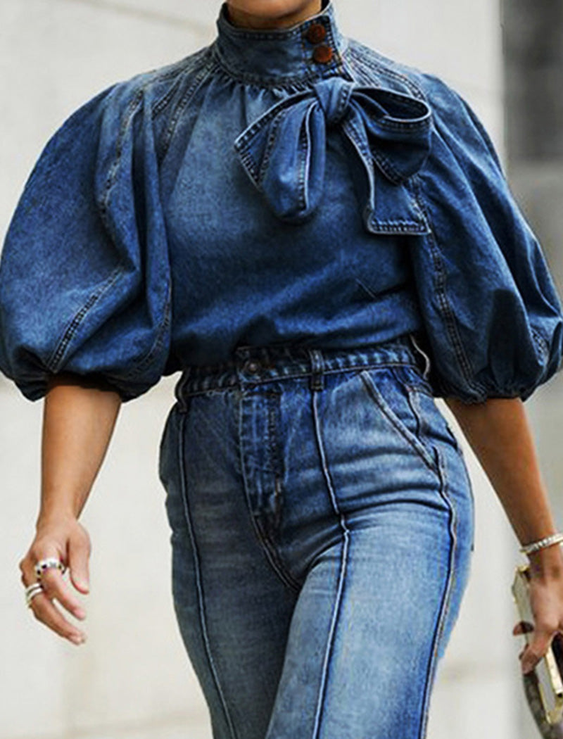 Puff Sleeve Denim Blouse with Bow Accent