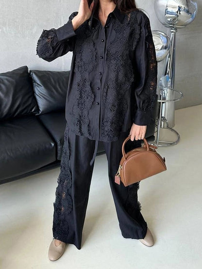 Lace Button-Up Shirt and Drawstring Pants Set