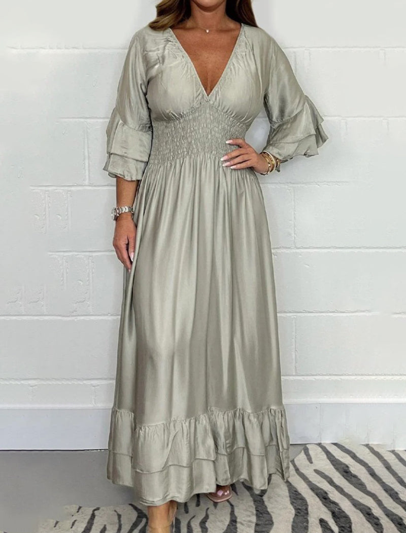 Satin V-neck Ruffle Maxi Dress