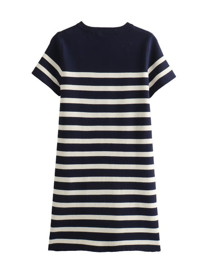 Crew Neck Striped Knit Short-Sleeve Dress