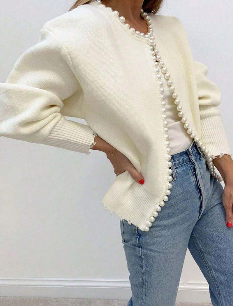 Pearl Trim Open-Front Knit Cardigan