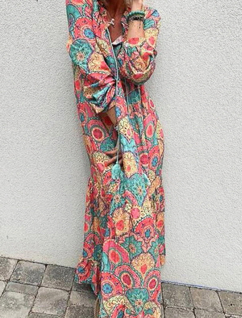 Bohemian Floral Maxi Dress with Tassel Tie