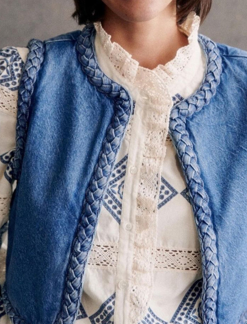 Denim Vest with Braided Trim