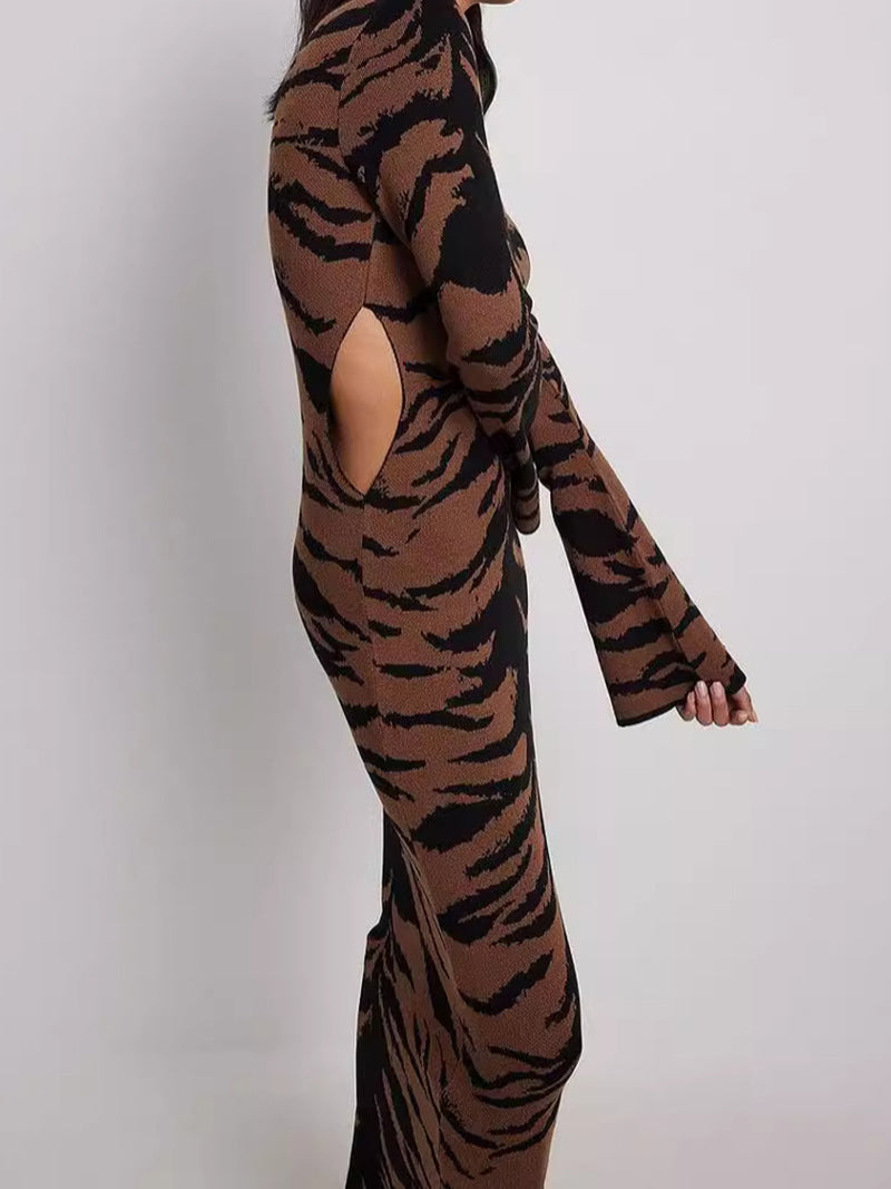 Leopard Cutout Long-Sleeve Knit Dress