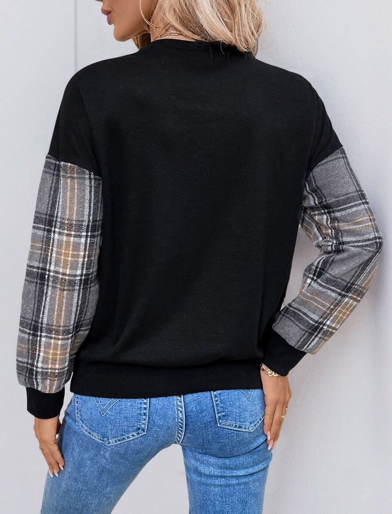 Plaid-Panel Round Neck Top