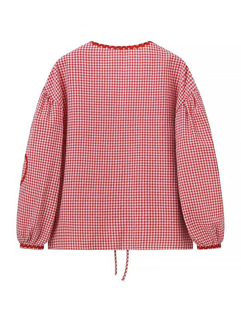 Heart Pocket Checkered Loose Long Sleeve Shirt