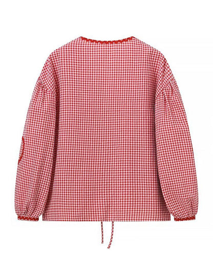 Heart Pocket Checkered Loose Long Sleeve Shirt