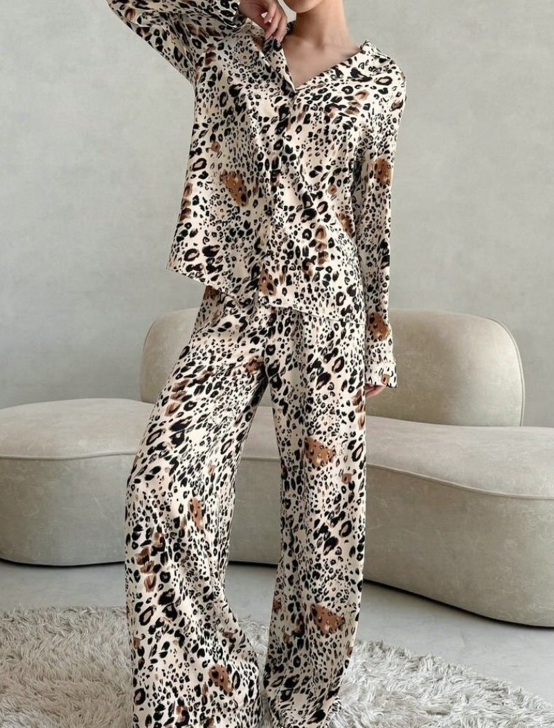 Leopard Button-Down Shirt and Wide-Leg Pants Set