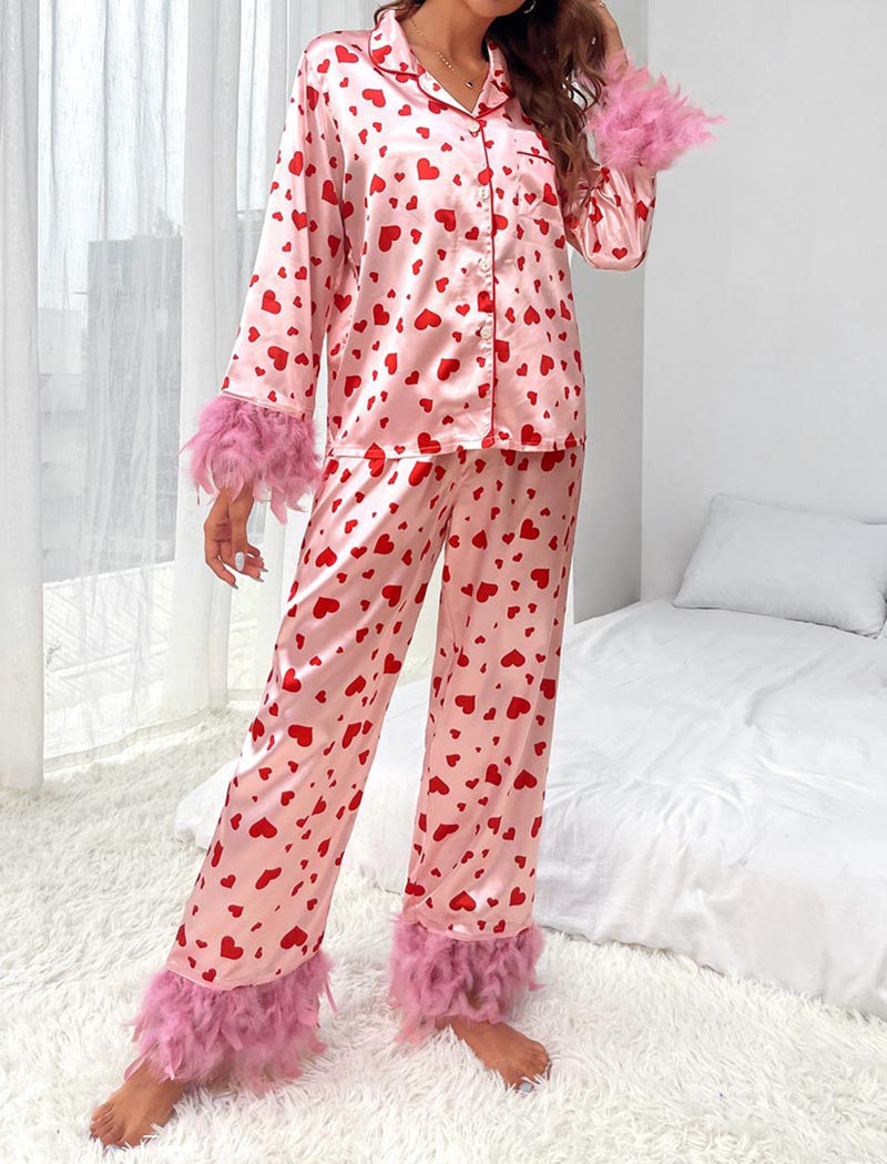 Feather Trim Heart Print Top and Pants Set