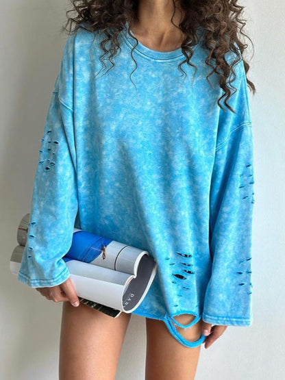 Acid Wash Long Sleeve Top with Cutout Details