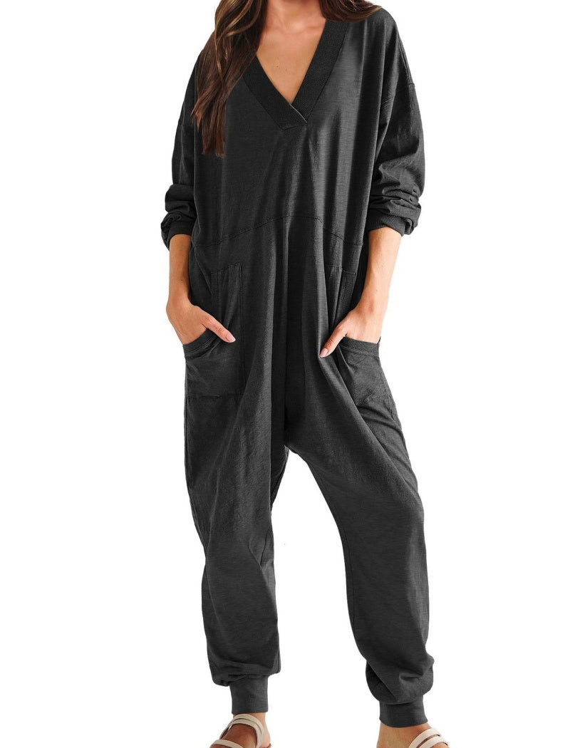 V-Neck Pockets Jumpsuit